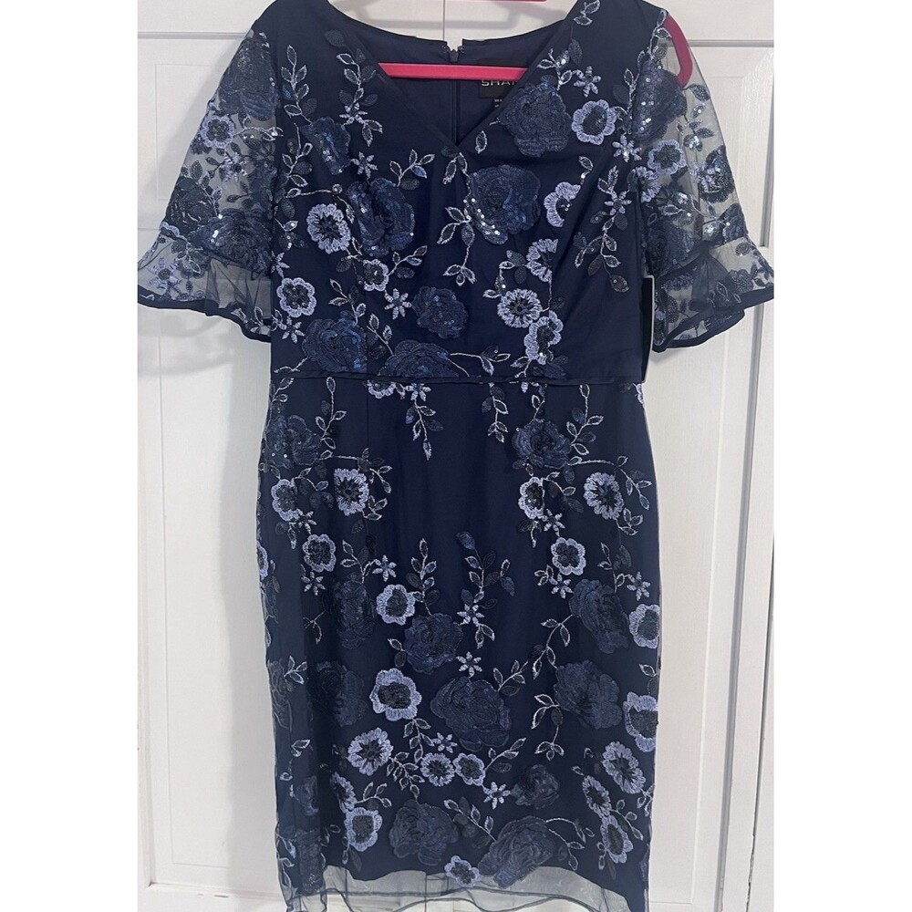 Shani Blue Sequin Embroiled V Neck Sheath Dress NWT $432 Size 8